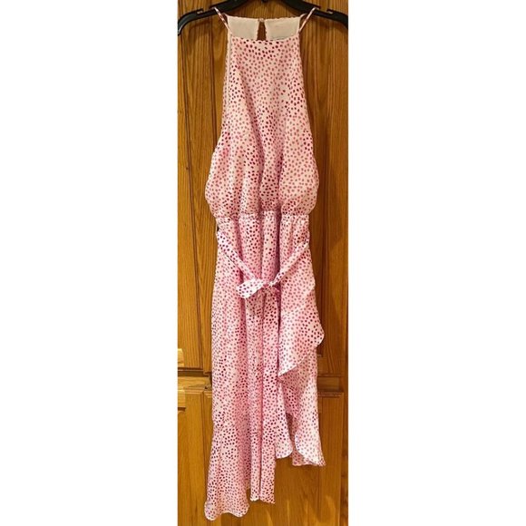 Express Pink Dot High Neck Halter Ruffle Asymmetrical Dress Waist Tie Size Small - Picture 4 of 10